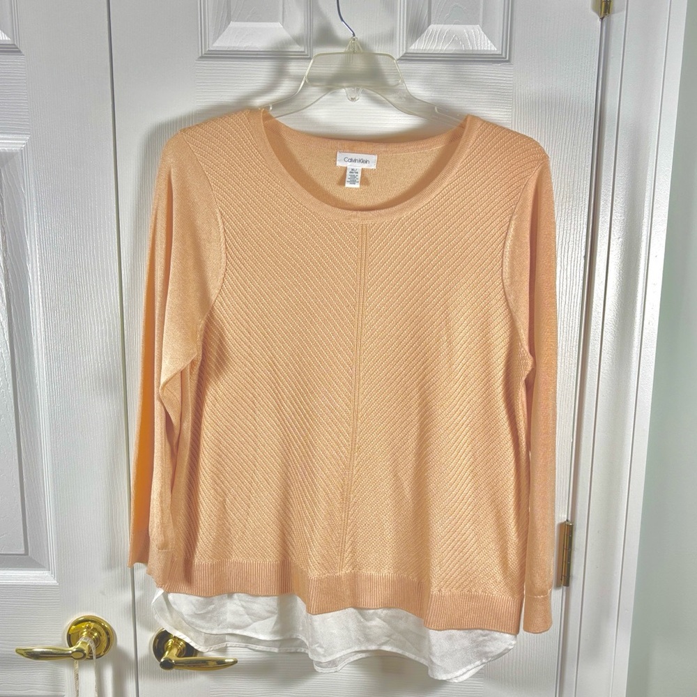 Calvin Klein Layered Shirt Hem Sweater Peach Knit Chevron Pattern Size XL